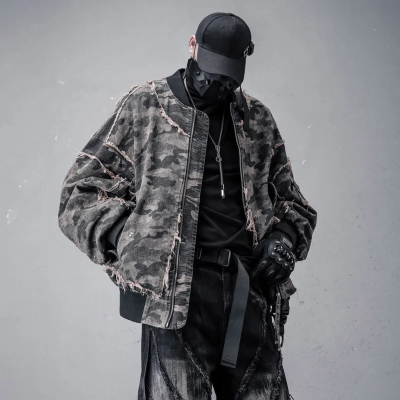 HKSH Spring Autumn New Men Waste Land Heavy Irregular Frayed Edge Patchwork Jacket Tide Chic Punk Camouflage Design Coat HK18375