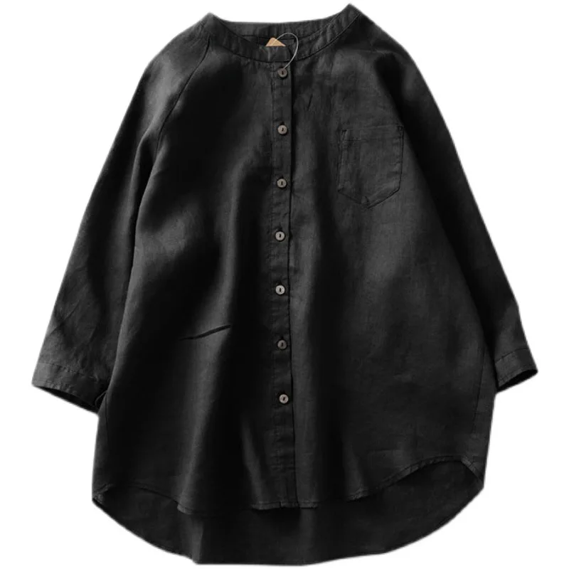 Linen Seven-Sleeve Collar Shirt Women's 2024 Spring and Summer New Korean Style Fashion Simple Loose Elegant Casual Open Lining