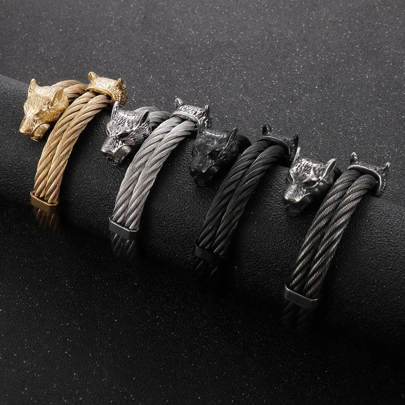 Punk Vintage Black Viking Double Wolf Head Bangle Bracelet Men Silver Gold Color 316L Stainless Steel Fashion Bracelets Jewelry