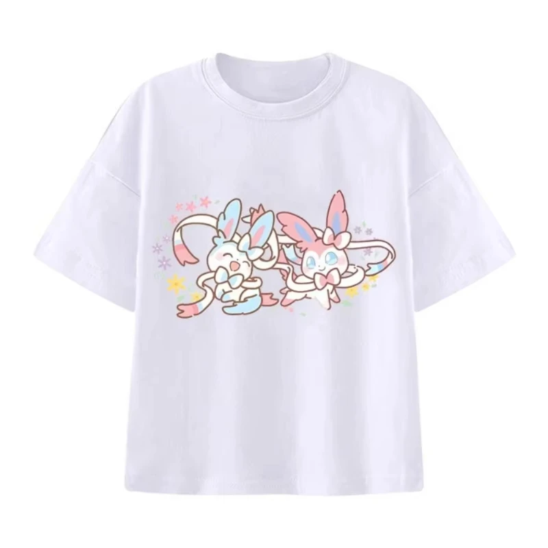 

MINISO Eevee Cartoon Print T-shirt Summer Men's and Women's Plus Size Trend Loose Short-sleeved Top