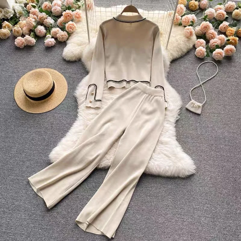 Light Mature Style Two Pieces Women Knitted Suit Autumn New Design Sense Single Breasted Cardigan + High Waist Wide Leg Pants