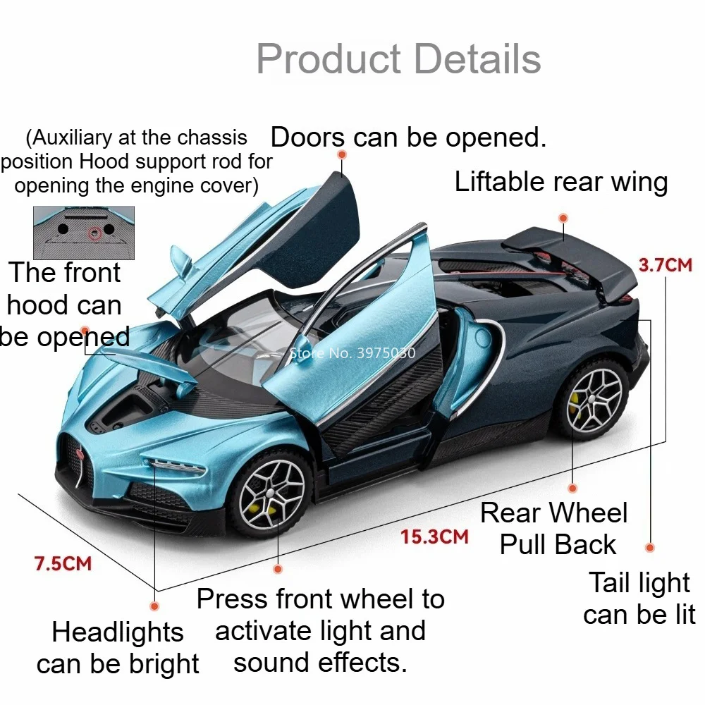 1:32 Bugatti Tourbillon Sports Car Model Alloy Diecast Toys Sound Light Pull Back Doors Opened Vehices Children's Christmas Gift