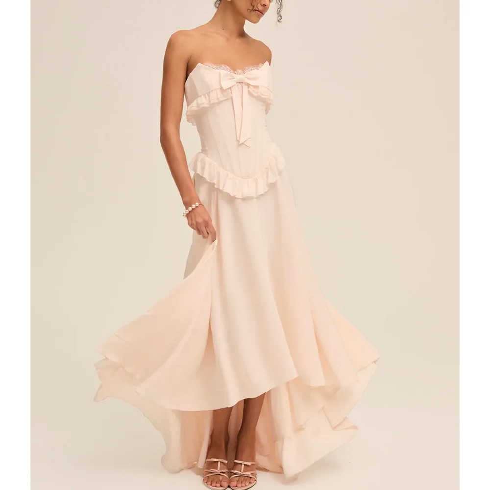 

Индивидуальные плиссированные вечерние платья ручной работы с оборками и бантом, выпускные платья без бретелек, асимметричные женские платья