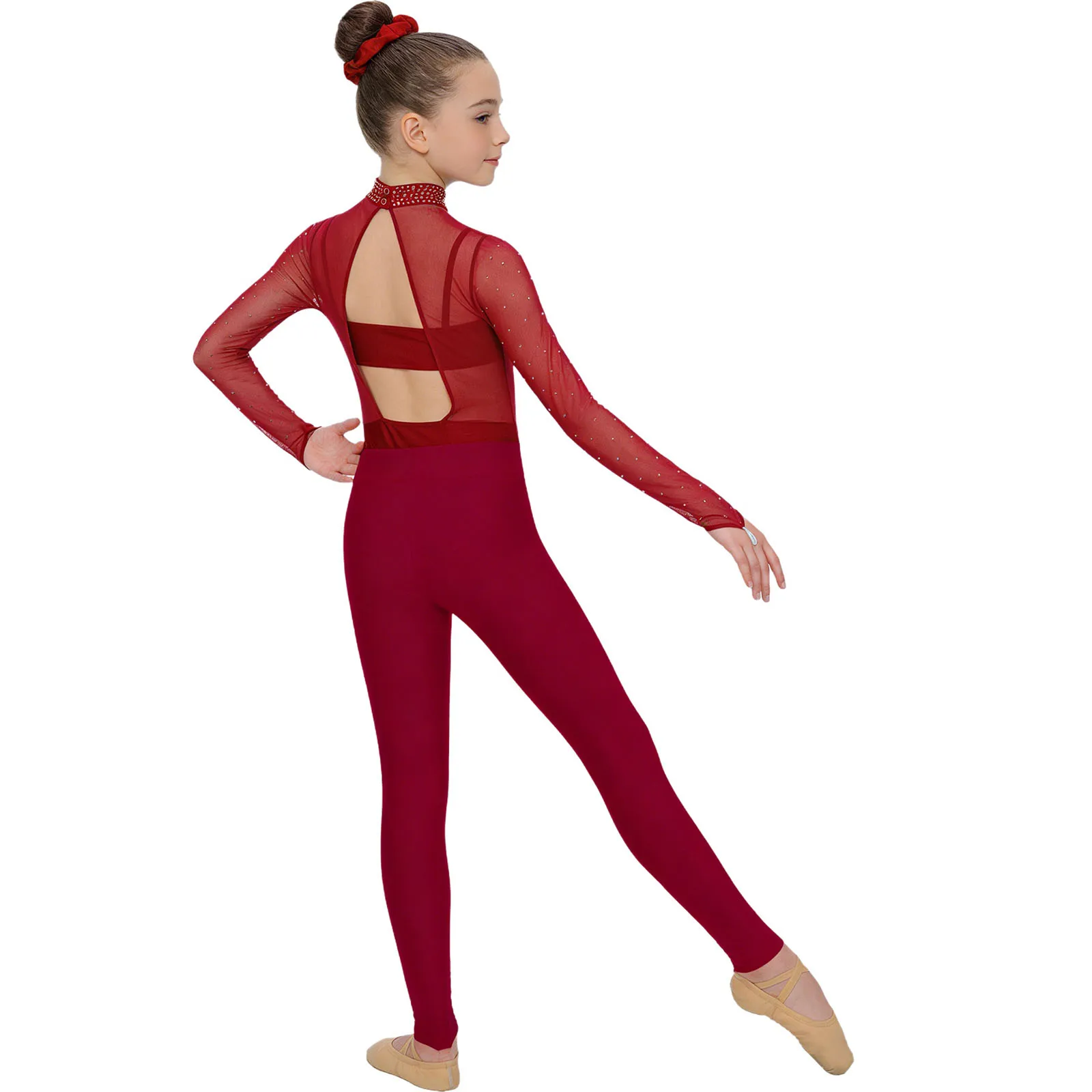 Kids Girl Skating Gymnastics Ballet Dance Costume 4-piece Long Sleeve Rhinestones Mesh Bodice Leotard+Camisole+Leggings+Hairband