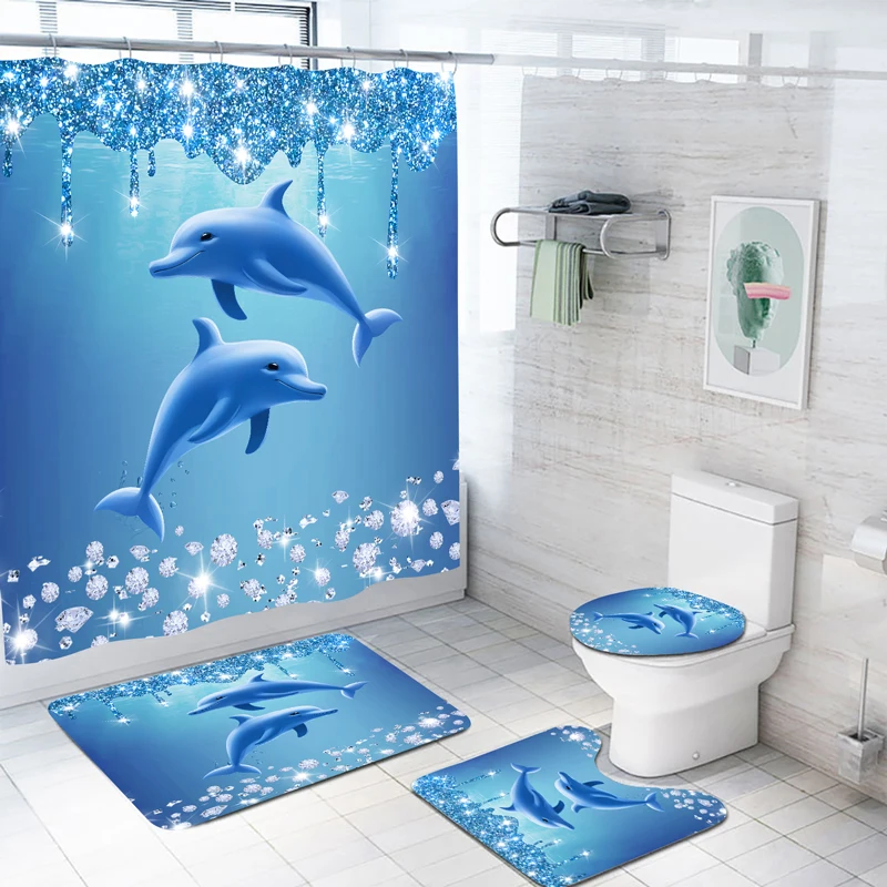 YOMDID 1/4pcs Shining Diamond Dolphin Printed Shower Curtain Set Shower Curtain With Hooks Blue Decorative Bathroom Curtain