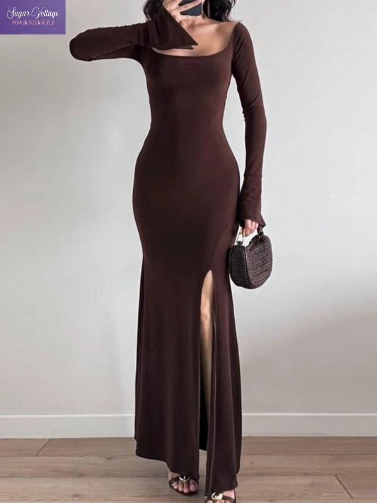 Elegancka sukienka maxi z odkrytymi ramionami, długim rękawem, wiązana w talii, dopasowana, z wysokim rozcięciem, w stylu syreny, vintage chic.
