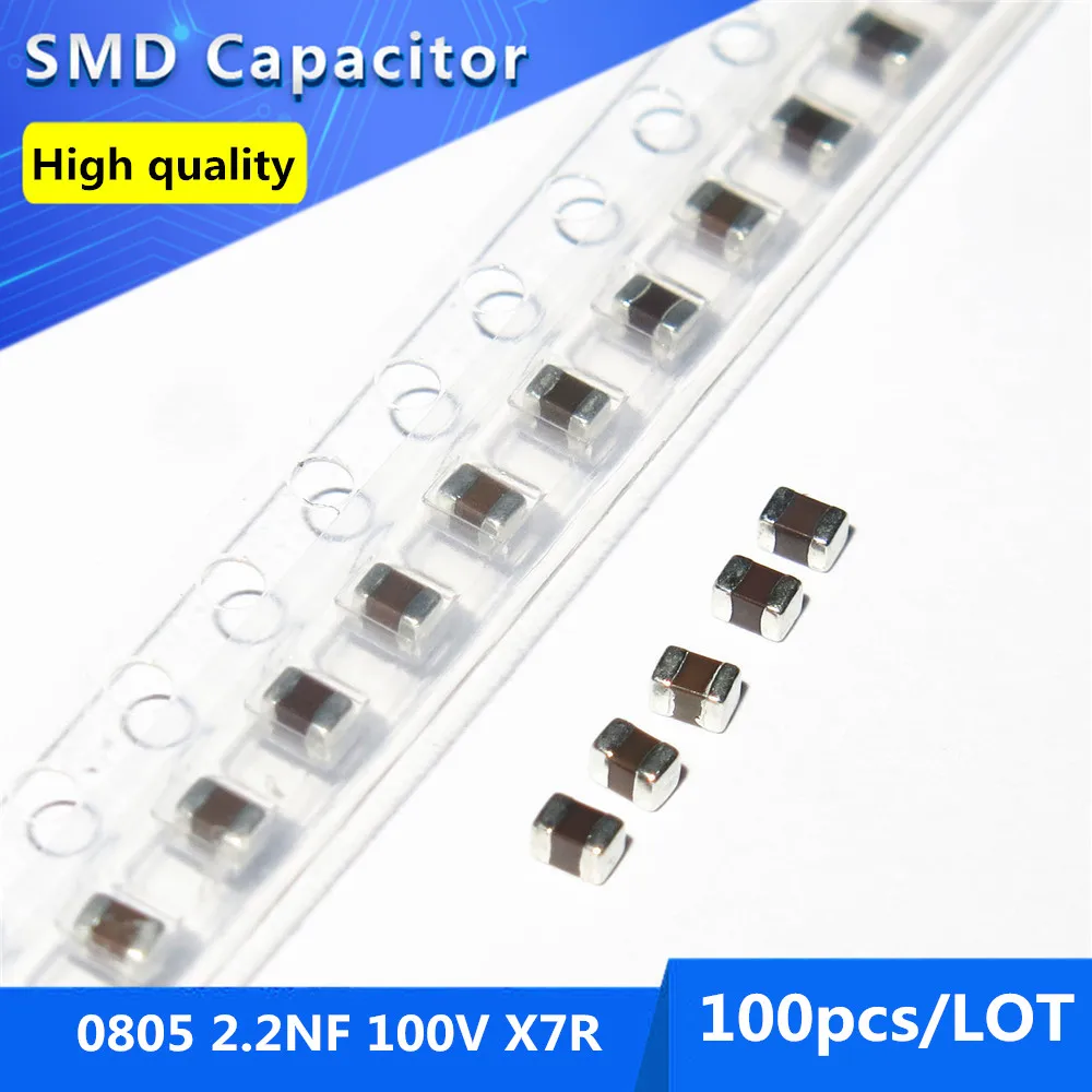 100pcs 0805 2.2NF 2200PF 100V X7R 10% Thick Film Chip Multilayer Ceramic Capacitor