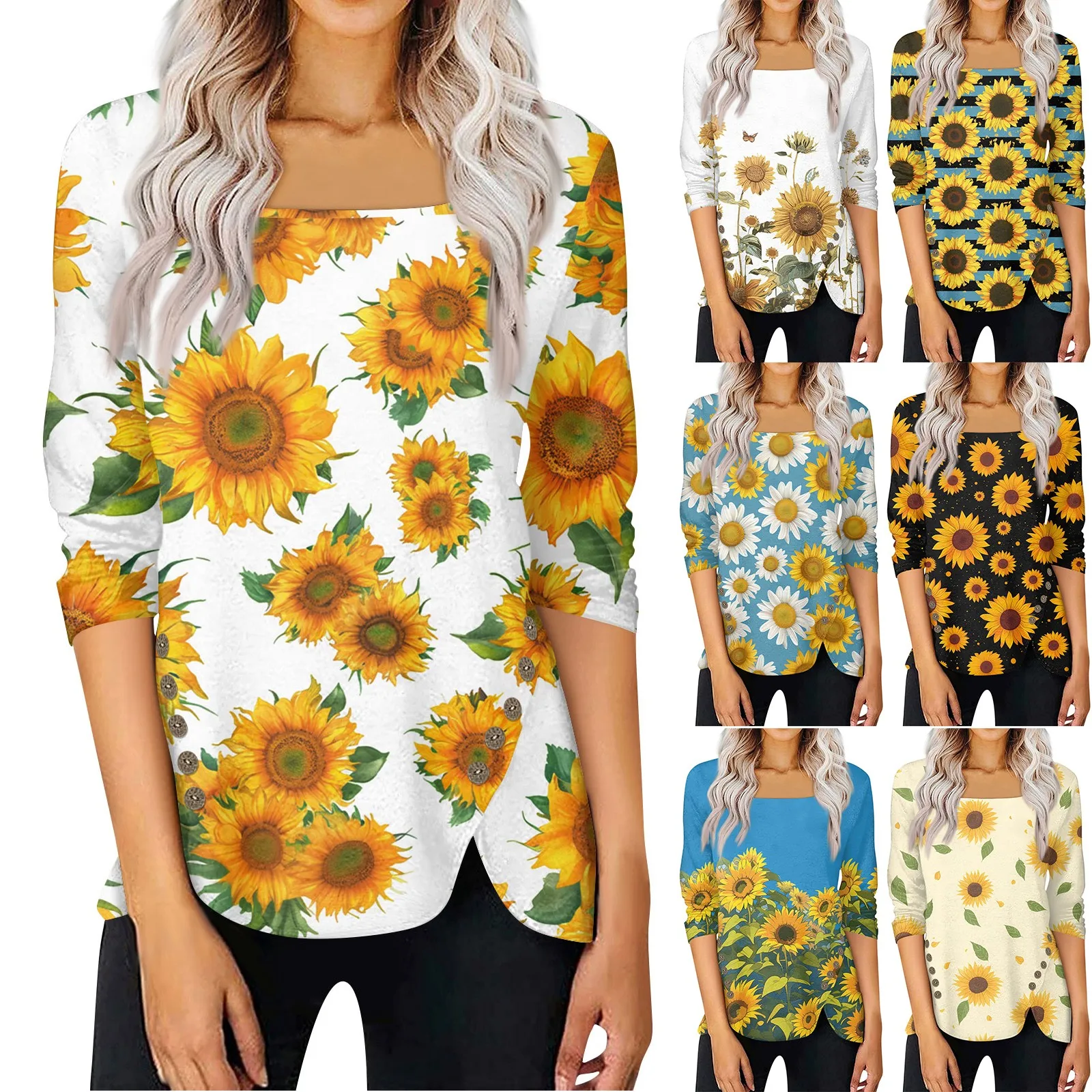 Camisetas Ladies Blouse Casual Daily Basic 3/4 Length Sleeve Tees Sunflower Printed Button Waist Square Collar Pullover Top