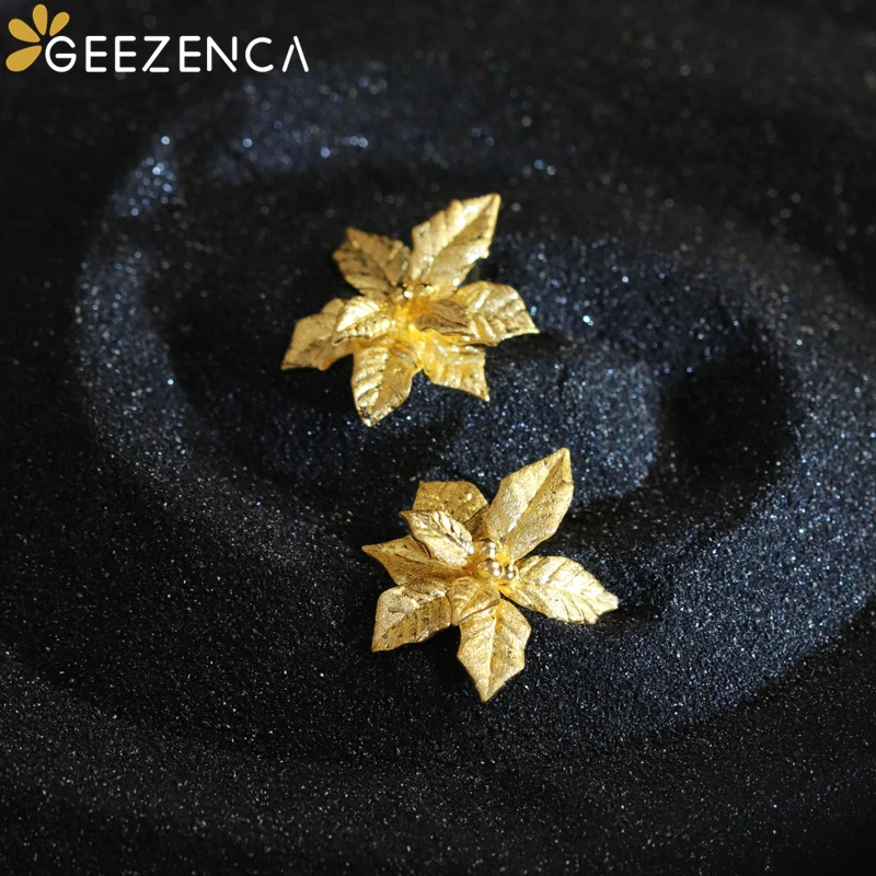 GEEZENCA 925 Sterling Silver Artistic Poinsettia Flower Earrings For Women Unique Designer Chic Stud Earring 2024 New Party Gift