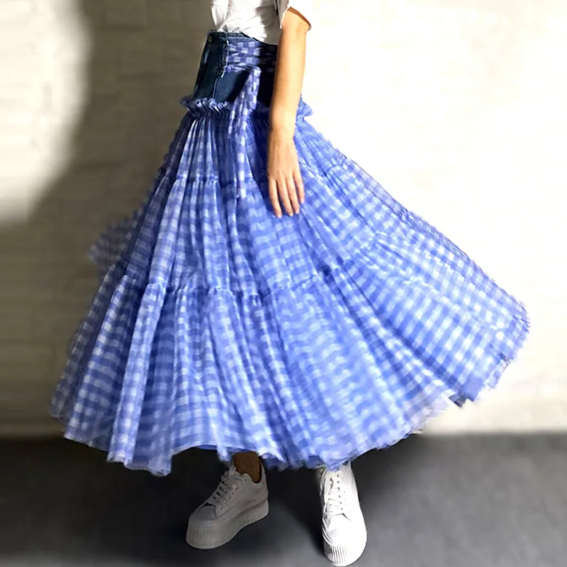 Women's Design Fashion Casua Jeans Denim Mesh Spliced Waist High Waist Slim Plaid Long Tutu Fluffy Pleated Skirt Korean