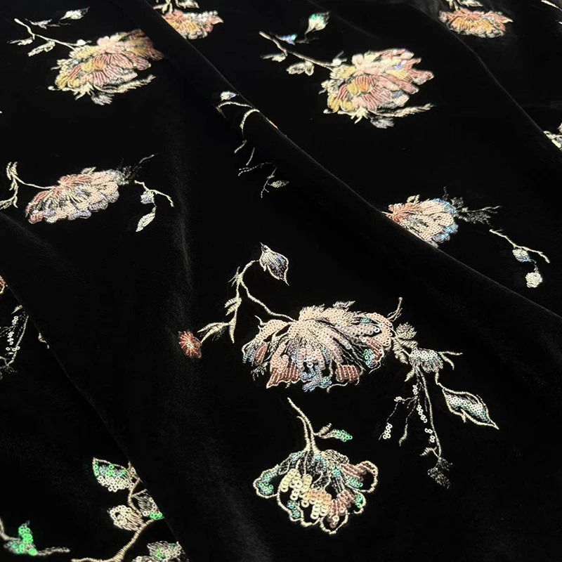 Sequins Floral Embroidered Velour Silk Fabric for Autumn Winter Dress Jacket Warm Black Velvet Fabric for DIY Sewing R7166