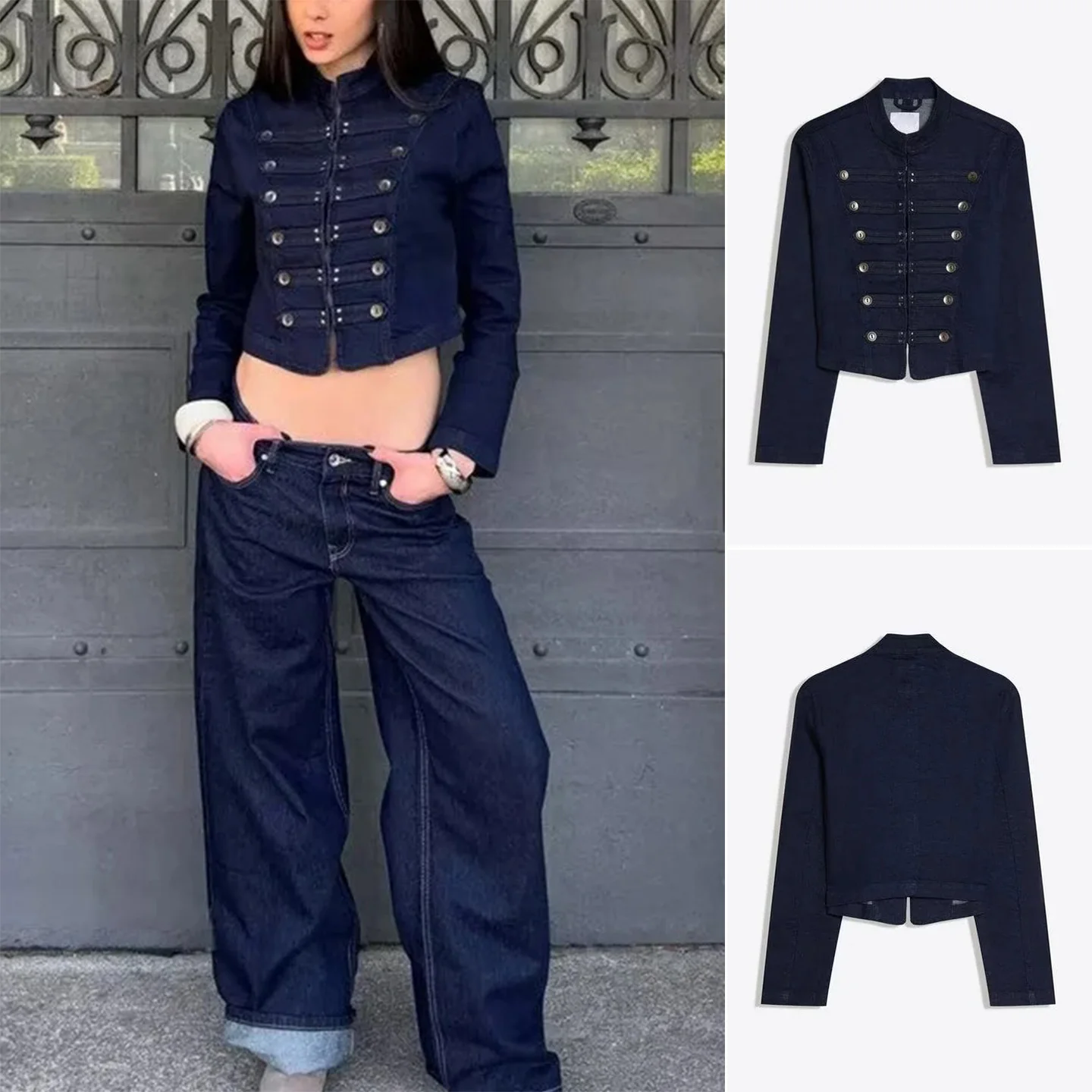 

Spring Summer New Arrival Women's Napoleon Retro Stand Collar Long Sleeve Button Decorated Denim Jacket Short Outerwear