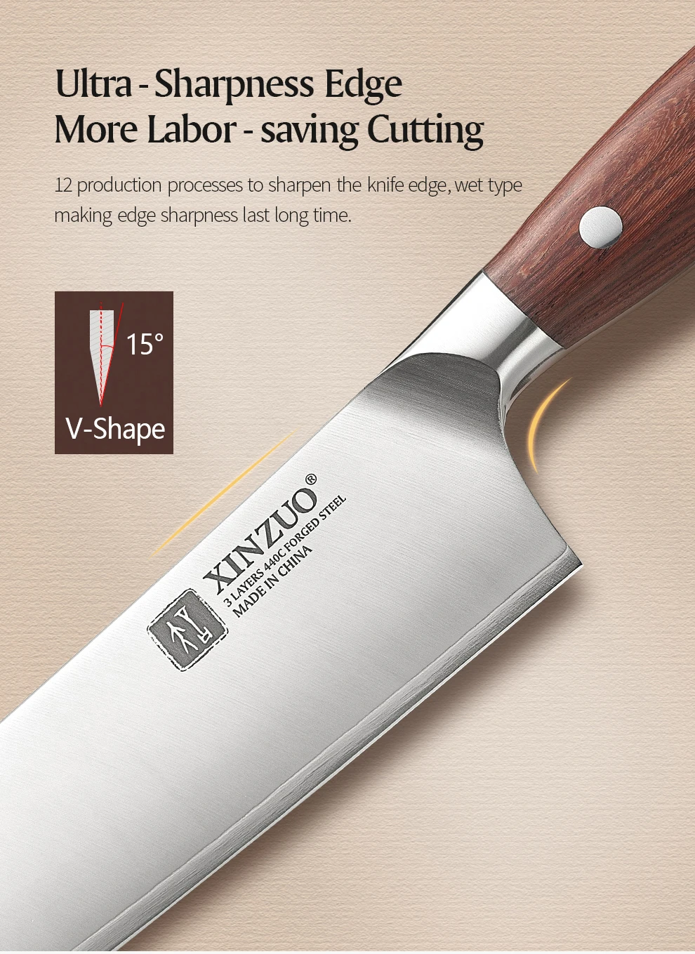 XINZUO Hochwertiges Edelstahl 7,2'' Santoku-Messer 3-Schicht-Verbundstahl Schneidemesser Küchenmesser mit Rotem Holzgriff – Detail 9