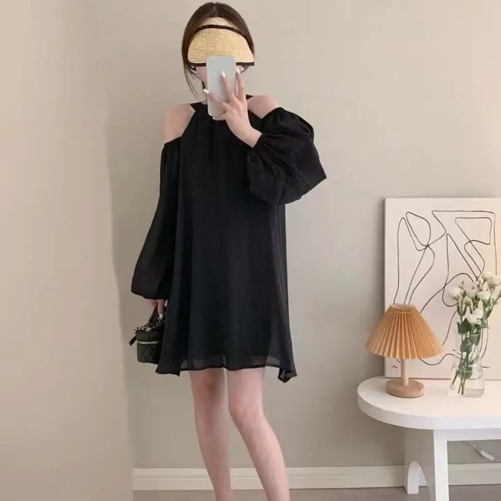 

Fashion Lantern Sleeve Off Shoulder Halter Dress Thin Korean Style Halter Mini Dress Elegant Beachwear A-line Short Skirt Ladies