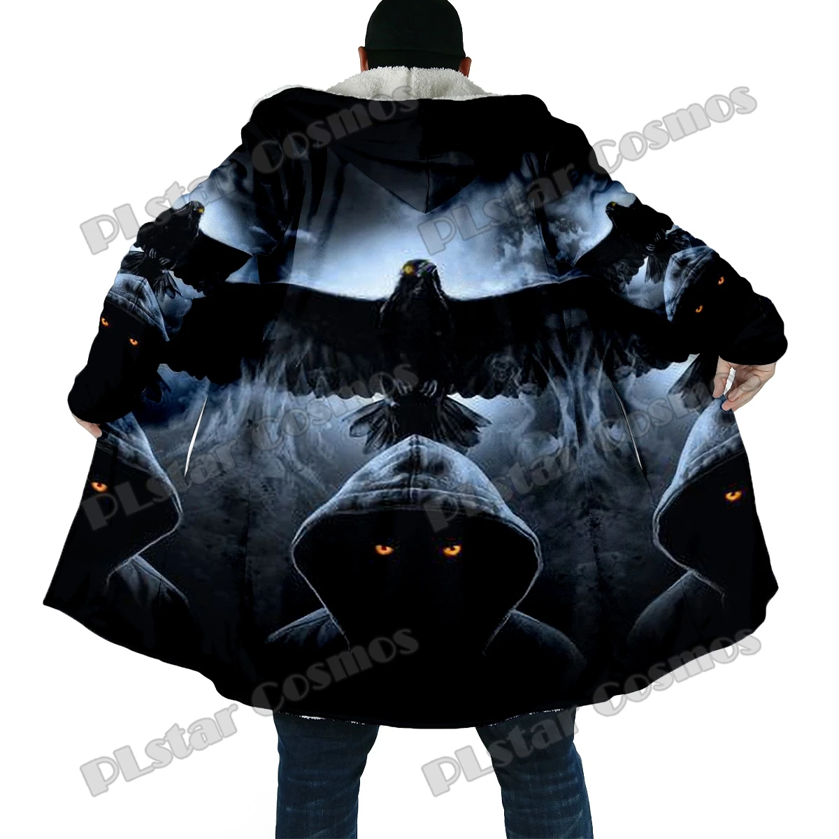Winter Fashion Men's cloak Halloween Crow Skull Pattern 3D Printed Thick Fleece Hooded Cloak Unisex Casual Warm Cape Coat DP62