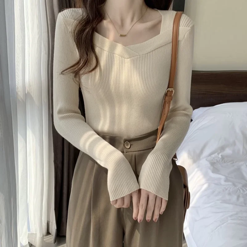 Autumn Woman's Clothes Square-neck Grace 90s All-match Fashionable Temperament Preppy Style Elegant Trend OL Exposed Collarbone