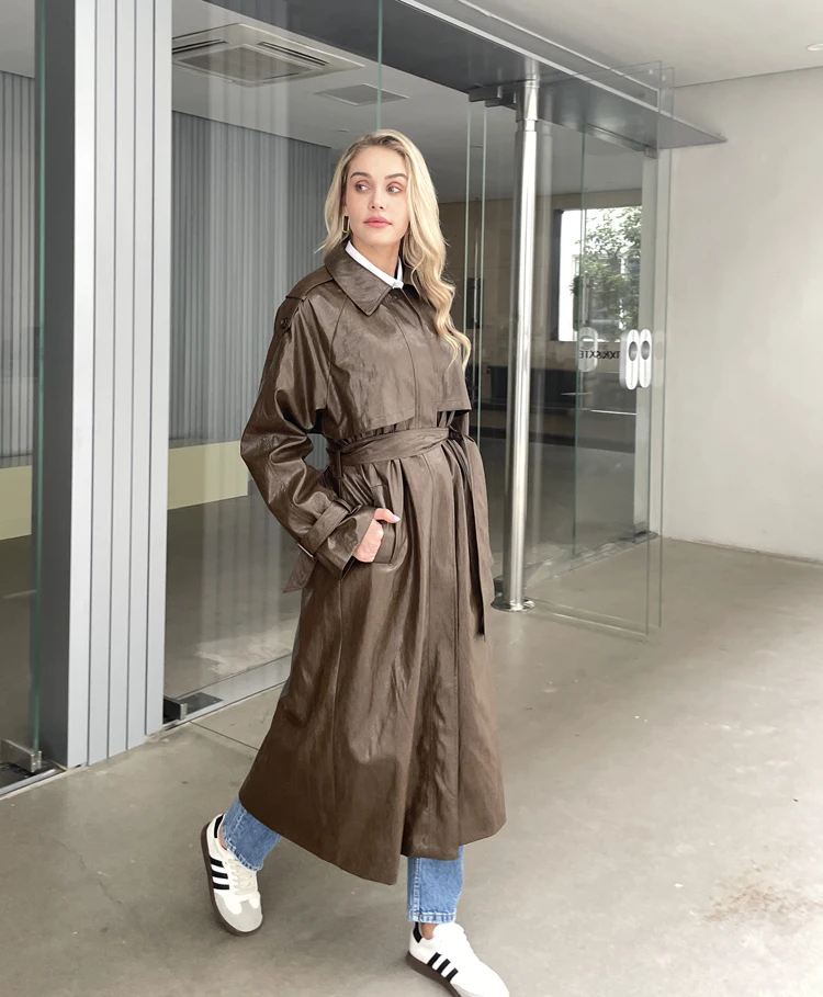 2024 Autumn New design Runway Designer Leather Maxi Long Trench Coat With Belt Chic Female PU Windbreaker Classic