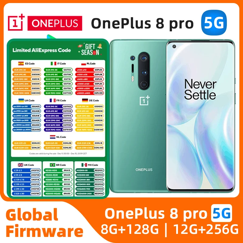 Original OnePlus 8 Pro 5G Mobile Phone Dual SIM NFC 6.78\'\' 128GB/256GB ROM 48MP+8MP+5MP+16MP 4K@30/60fps Octa-Core used phone