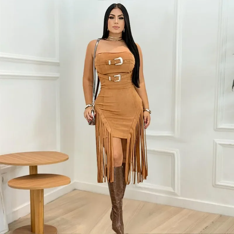

GUWU женское замшевое флисовое облегающее платье макси без бретелек с кисточками и пряжкой, длинное платье 2022, летние каникулы, сексуальные вечерние клубные платья