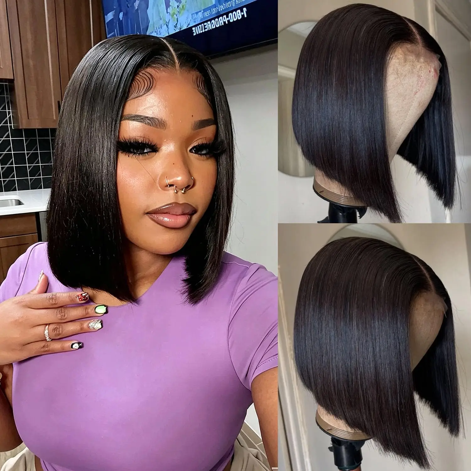 Lemoda Short Bob Wig Human Hair 2x6 Lace Closure Wig Virgin Human Hair 100% Beginner Friendly Bone Straight Pre Cut Ordered Tail Bob Wig Transparent Lace Closure Wigs 250% Density Full & Thick