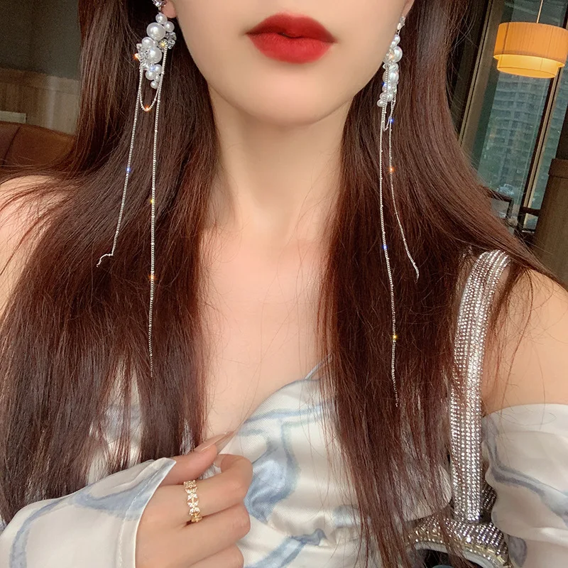 Korean Long Tassel Chain Pearl Earrings for Women Bridal Temperament Flower Drop Dangling Earrings Party Wedding Jewelry Gifts