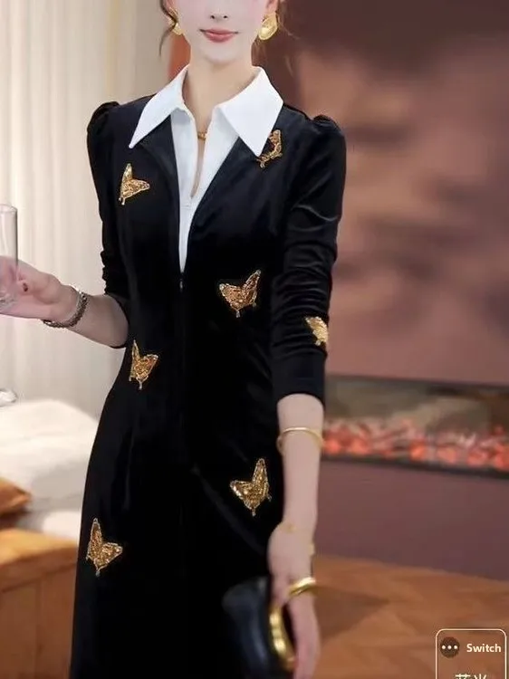 

Elegant Velvet Dress with Shirt Collar And Gold Embroidery Color Block Fashionable Daily Lady Style Long Sleeve Dress