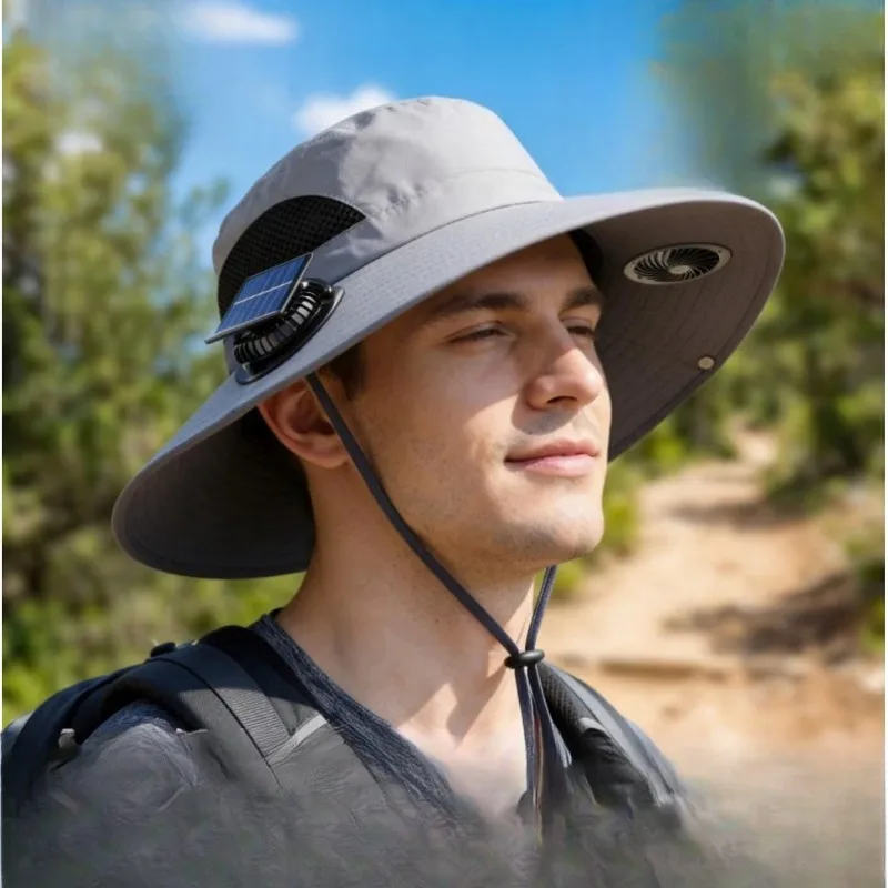 

Solar fan hat, large brim, sunscreen, sunshade, cool hat, light gray.