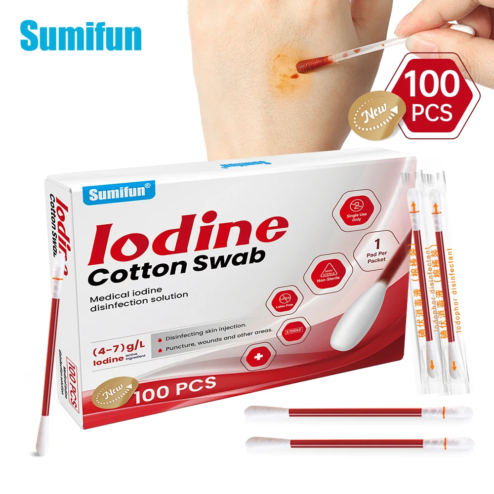 

100Pc/box Sumifun Disposable Medical Alcohol Cotton Stick Emergency Care Sanitary Supplies Iodine Swab Disinfected First Aid Kit