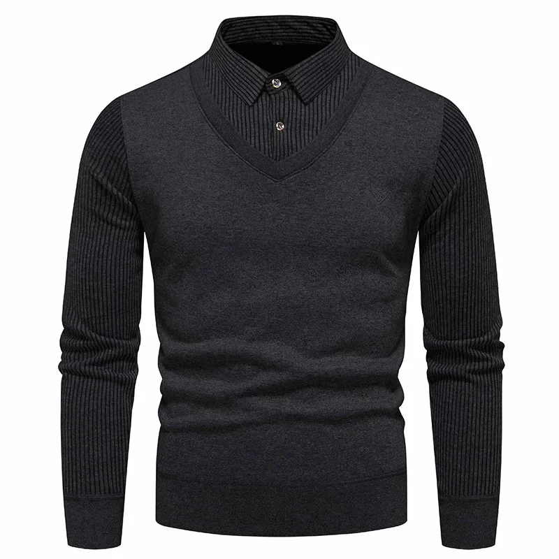 

2023 Men's Sweater Underlay Sweater with Plush Fake Two Piece Shirt Collar Thickened and Warm Cotton Sweater