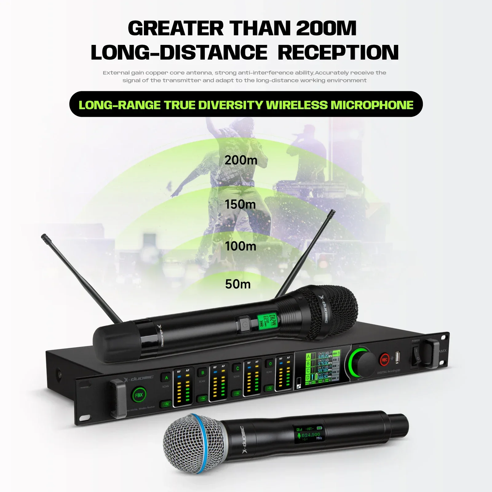 True Diversity Wireless Microphone System Digital Recording AntiHowling Ten Types of Reverb Balanced True Diversity Wireless Mic
