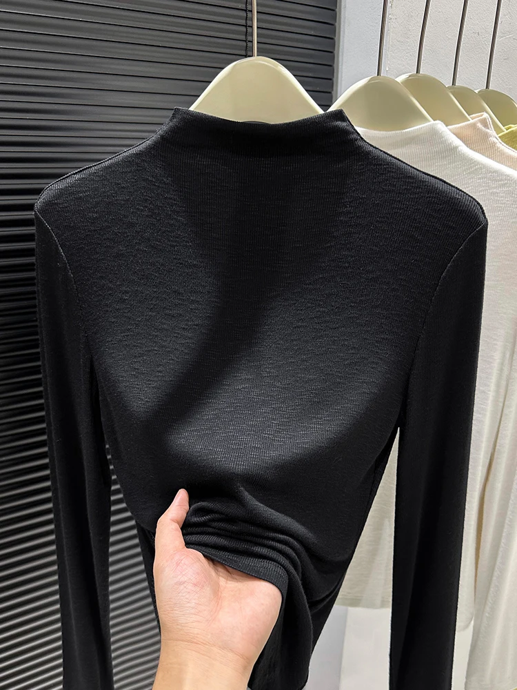 

Women's Slim Fit Long Sve Knitted Cotton Bamboo Fiber Base irt f High Collar Autumn Winter Faionable Inner Wear