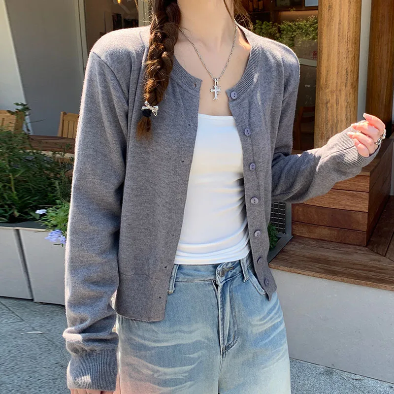 

Новый черный вязаный свитер с круглым вырезом для женщин, кардиган с длинным рукавом, женские топы, трикотаж Q3320