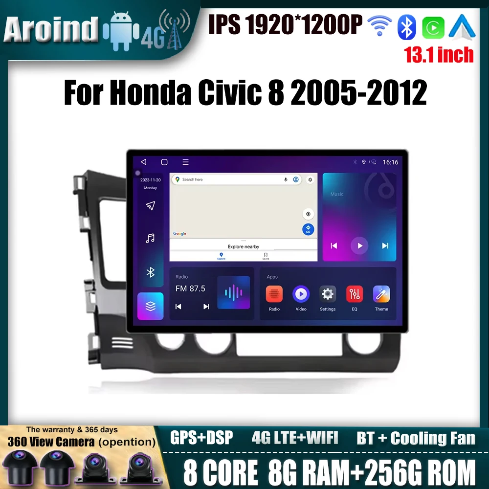 

13.1INCH For Honda Civic 8 2005 2006 - 2012 GPS Navigation Android OS Screen Multimedia Player Wireless Carplay 4G Lte Car Radio