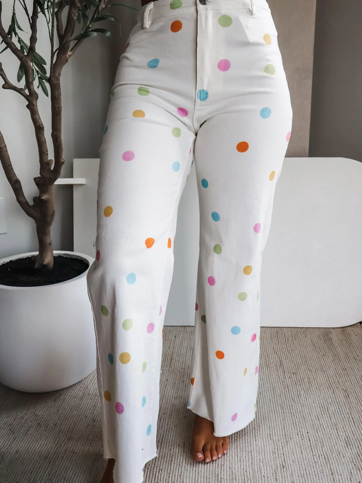 DearLover High Waist Polka Dot Straight Leg Jeans Women's Casual Frayed Design Cotton Blend Comfortable Breathable Jeans