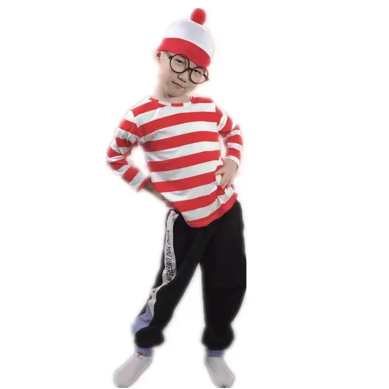 2025 12 أزياء الهالوين أين W-Wally أزياء Waldo Book Week التأثيرية قميص مخطط وقبعة مجموعة نظارات الوالدين والطفل والكبار