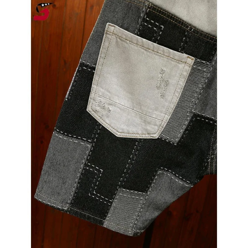 New Summer Denim Shorts For Men'S 5-Point High End Fashionable Contrast Colored Patched Scratched Hole Patched Horse Pants