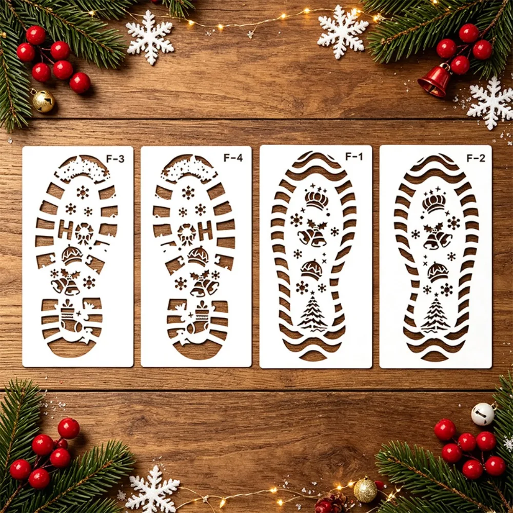 4/6PCS DIY Christmas Footprint Stencils Reusable White Scrapbook Footprint Embossing Stencils Laser-cut Plastic 3