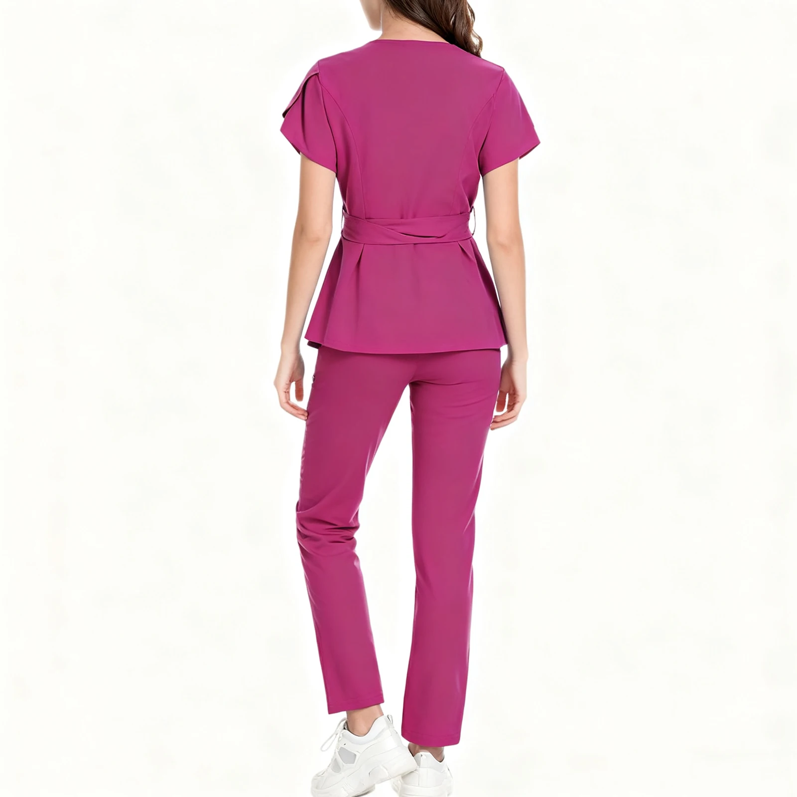 Women's Nurse Scrub Set V-Neck Short Sleeve Zipper Belted Multi-Color Long Pants Medical Uniform Healthcare Workwear
