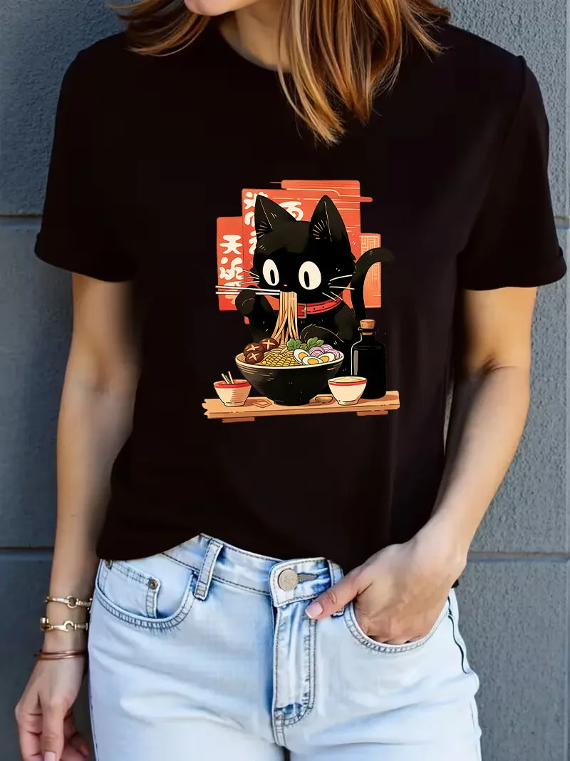 Harajuku Japanese Cat Eat Ramen Women's Casual Short Sleeved Crew Neck T-shirt Funny Cat Summer Top Tee Graphic Shirt Woman