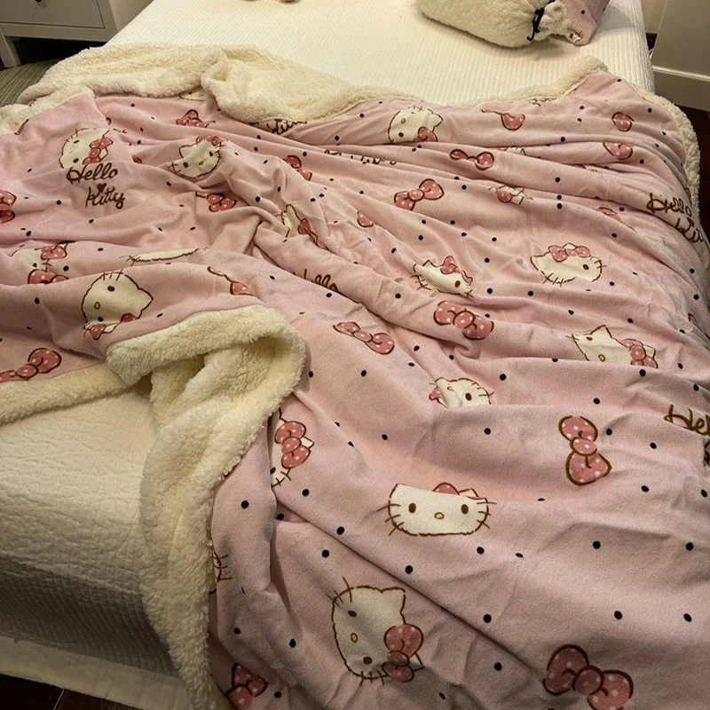 Sanrio Hello Kittys Pink Bow Lamb Velvet Blanket Winter Thickened Warm Milk Coral Velvet Blanket Quilt Cover Sofa Office Blanket