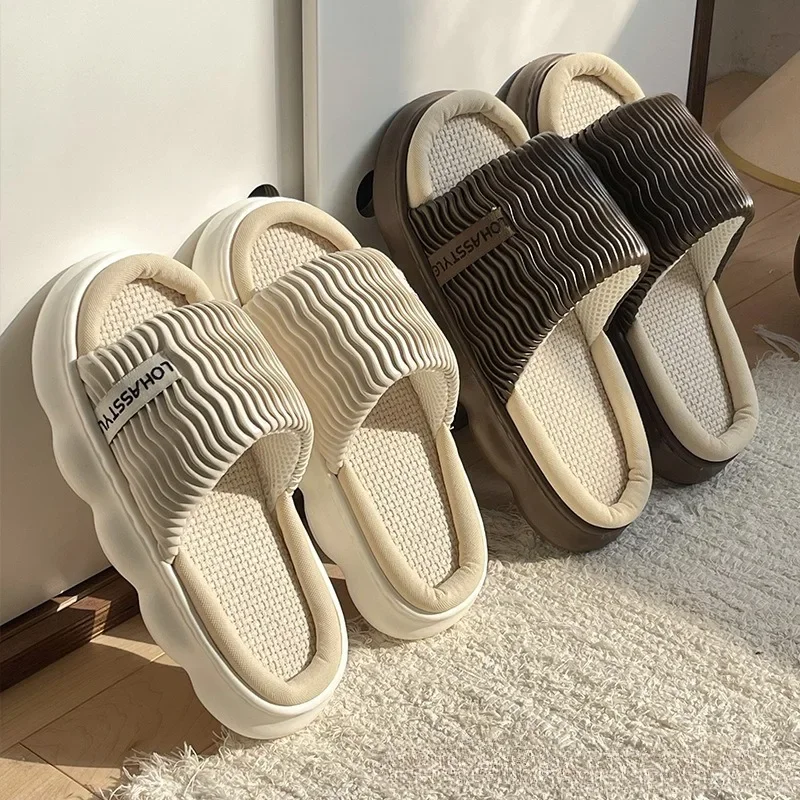 Casual Platform Slippers Women Home Wave Designer Shoes Girls Linen Fashion Popular Elegant House Slippers Open Toe Thick Bottom