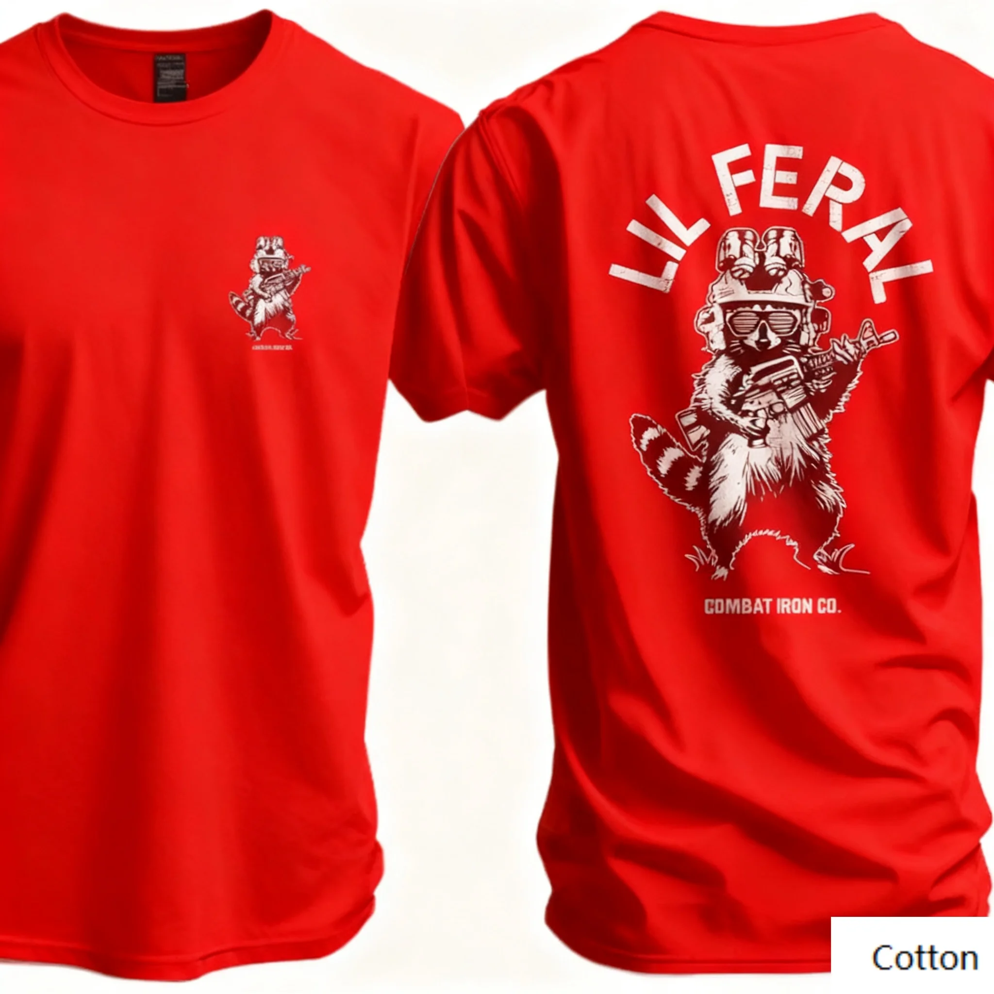 تي شيرت قطني برقبة دائرية "الراحة العسكرية": مع عين - طباعة اصطياد الراكون التكتيكي والعبارة "LIL FERAL"