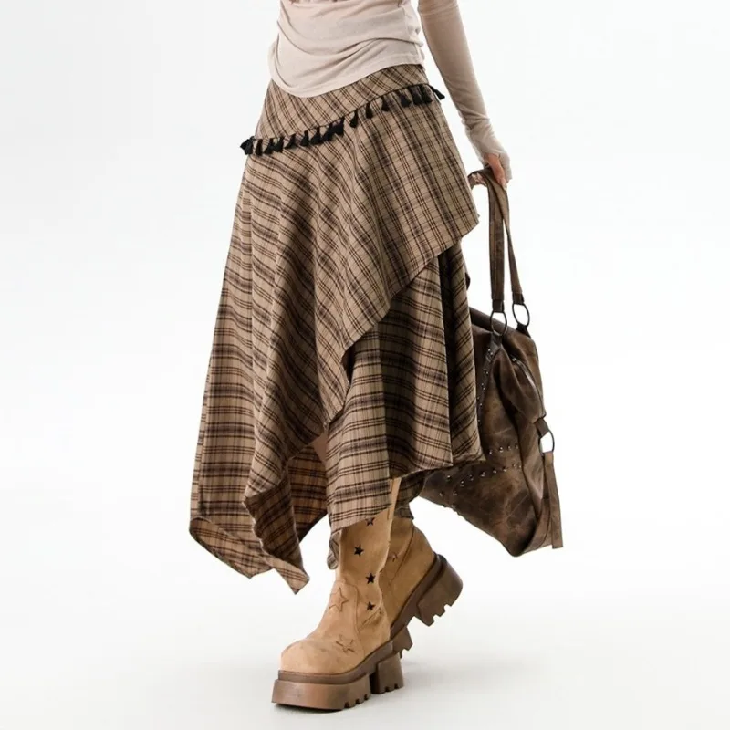 

ALIDI SC Irregular Retro Tassel Midi Skirt for Women in Spring and Autumn New High Waist Slimming A-line Medium Long Plaid Skirt