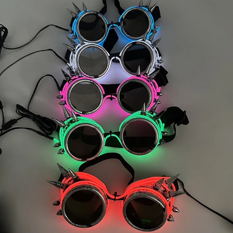 Fluorescent Glowing Steampunk Glasses LED Gothic Glasses Light In The Dark Halloween Party Supplies Glasses With Nail Costume