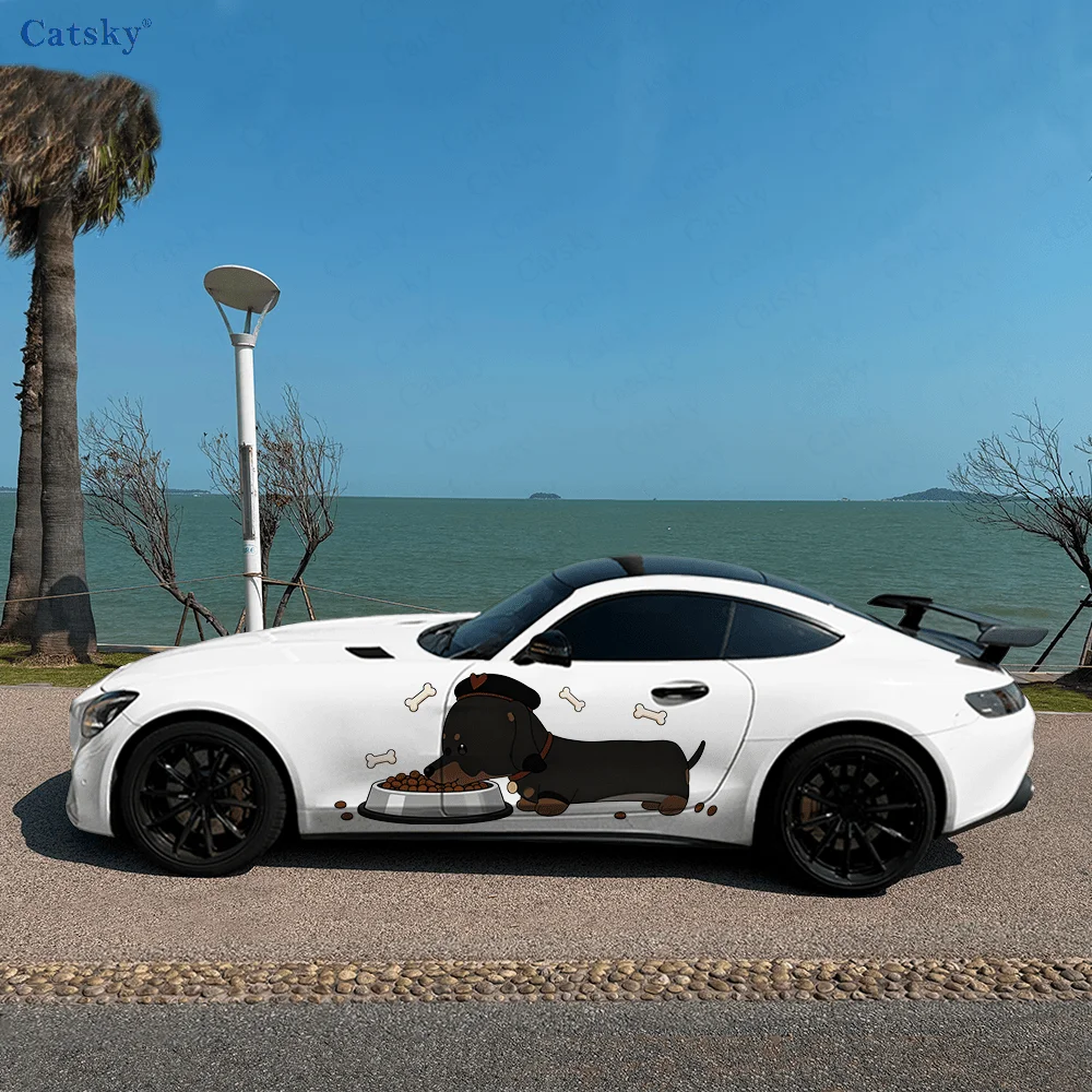 

The dachshund eats dog food, IP Image, PVC Material, Suitable for Most Vehicles, Side Decorative Sticker, Waterproof and Scratch