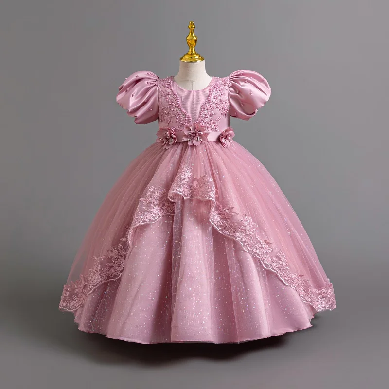 Elegant Girl\'s Birthday Party Dress for 4-12 Years Old Halloween Princess Dress New Bubble Sleeves Girl\'s Fluffy Dress
