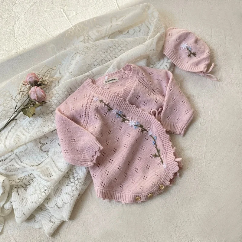 2025年秋冬新作 幼児 女児 ニットロンパース+帽子 長袖 花柄刺繍 ベビーニットジャンプスーツ
