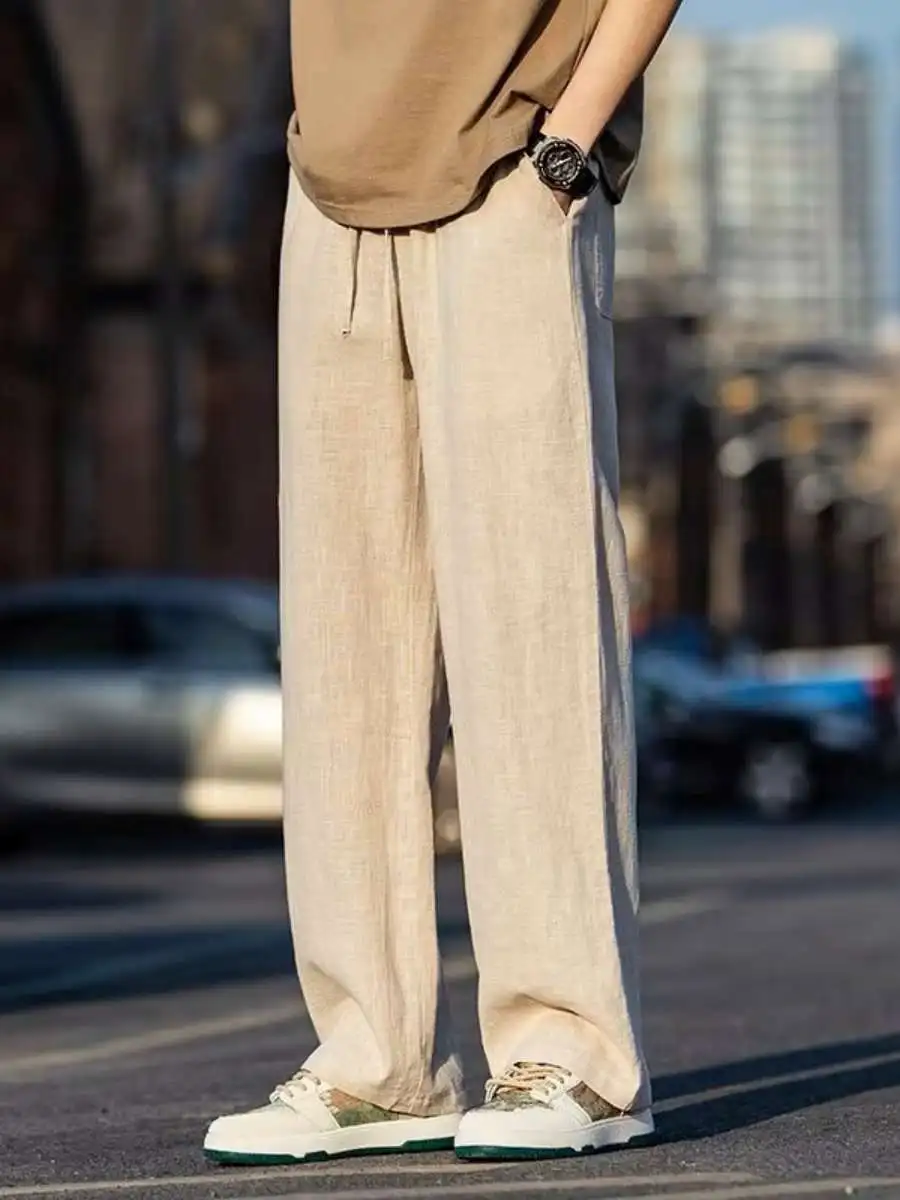 

Cotton Linen Men's Loose Straight Leg Pants Summer Thin Wide Leg Long Casual Trousers High Waist Long Pants No Stretch