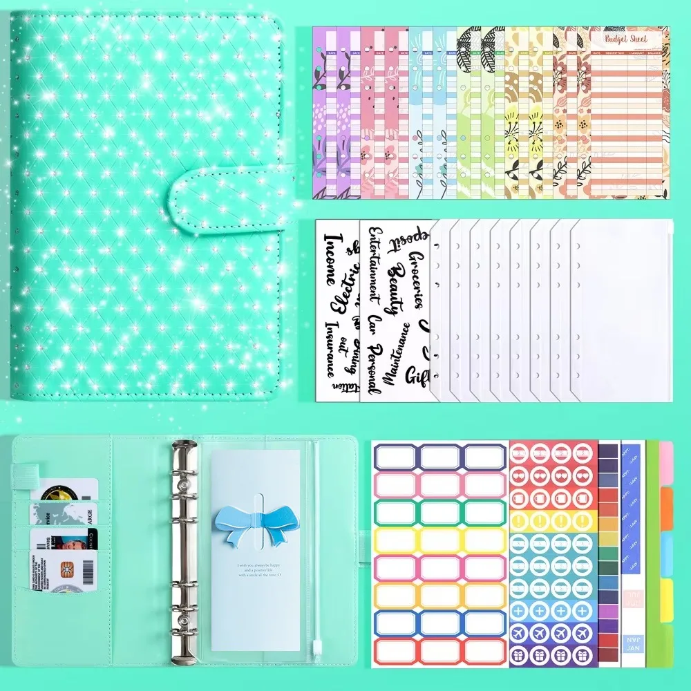 Rainstone Patterned Cover Money Saving Binder 6-Ring PU Leather Mini Budget Binder Colorful Compact Savings Challenges Book