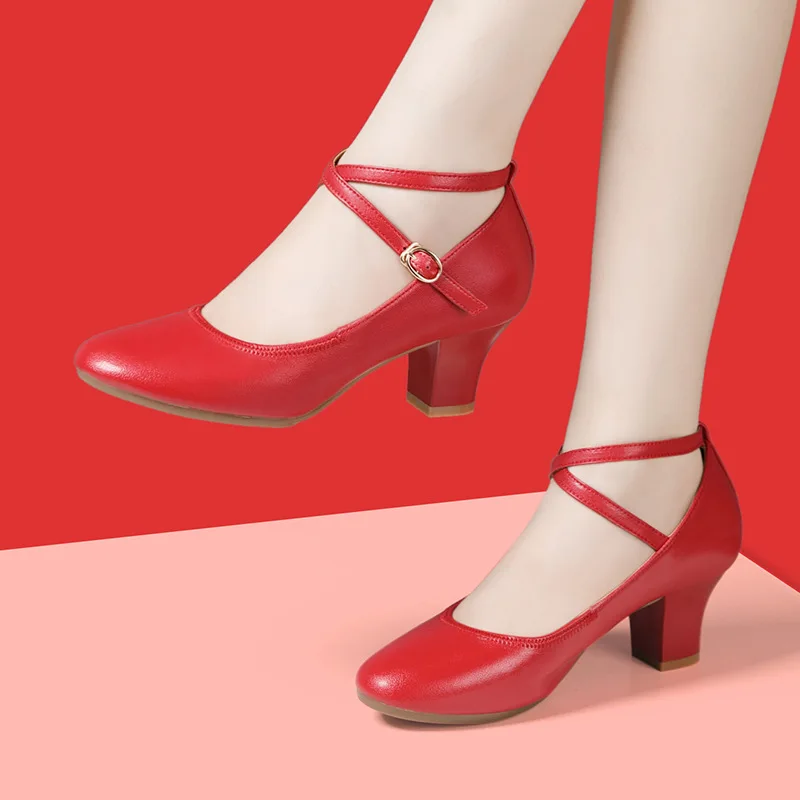 5.5cm 6cm Fashion Comfortable Shallow Med Block Heels Shoes Women Pumps 2025 Spring Soft Leather Office Dance Shoes for Mom image 3